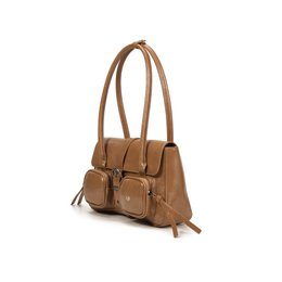 Camel leather shoulder bag with quilted front pockets, structured rectangular shape, dual handles