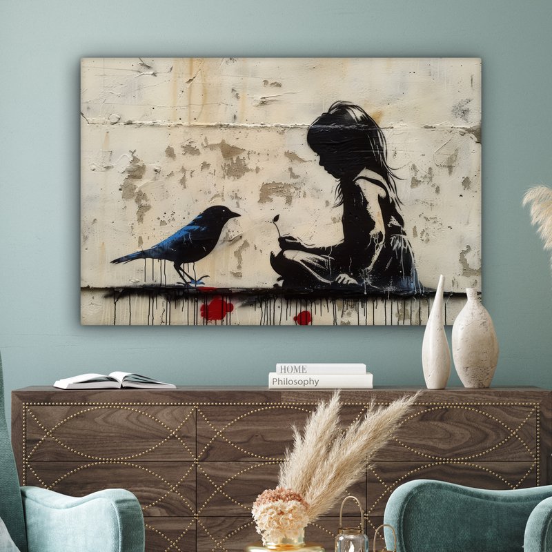 Canvas schilderij - Wanddecoratie Meisje - Street art - Vogel - Abstract - Graffiti - Modern - Muurdecoratie woonkamer - Kamer decoratie modern - Abstracte schilderijen