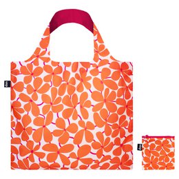  Orange recycled shopping bag with white abstract pattern, large tote with handles, ballet-inspired design.