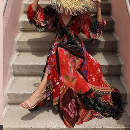 Abito Boho stampato a maniche lunghe con scollo a V da donna