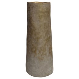 Tall cylindrical ceramic vase, beige white textured finish, modern minimalist design, decorative home accent.