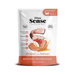 "Cat food pouch chicken salmon bites in sauce wet food feline nutrition"
