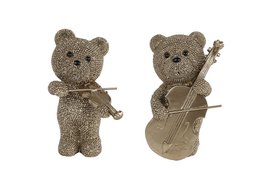 Glittery bear sculpture figurine, gold sparkle finish, musical decorative statue, cute teddy bear collectible.