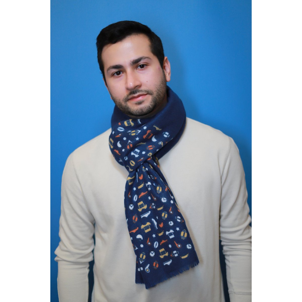 Écharpe en coton avec imprimé de rugby en bleu marine