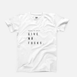 "White t-shirt with text 'Give no f***s' printed on the front. Casual, graphic t-shirt for kids."
