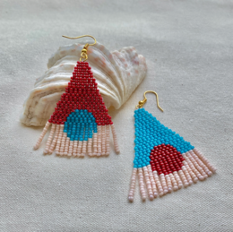  Handmade triangle-shaped statement earrings in red and turquoise colors, featuring a beaded design.