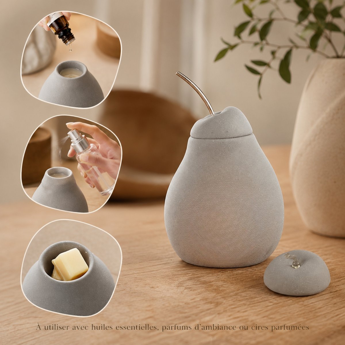 Parfumebrænder - Belle Hélène - Duftende vokssmeltebrænder - Diffuser for æterisk olie og hjemmeduft - Aromaterapi lysestage i træ og keramik