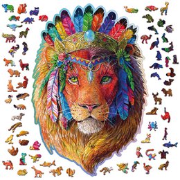 Colorful, vibrant puzzle depicting a lion with a feathered headdress. The puzzle features a variety of animals and patterns in a mosaic-like design. This 505-piece puzzle would make an engaging and visually striking addition to any puzzle enthusiast's collection.