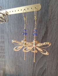 18K gold plated dragonfly earrings with Tanzanite crystals