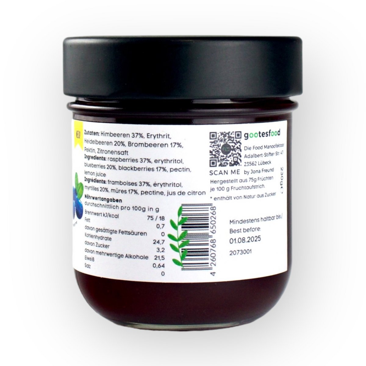 Fruchtaufstrich ZUCKERFREI 3 Beeren 75% Frucht