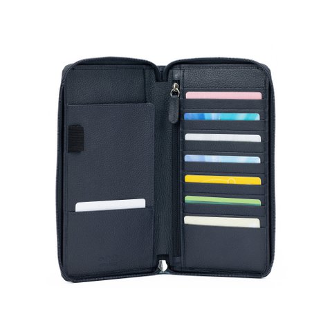 K0005DB | Reisedokumentenhülle aus echtem Vollnarbenleder, genarbter Dollar – blaue Farbe – Maße: 12,5 x 22 x 2 cm – Verpackung: Tnt-Tasche