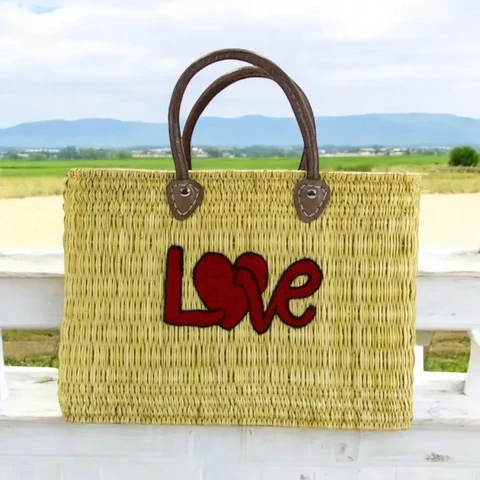 Love Rattan Tote Bag – Handcrafted with Red Heart Design