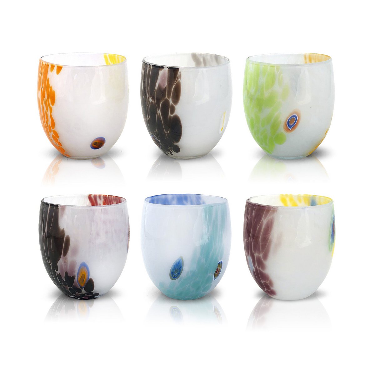 6 Bicchieri Acqua Light in Vetro Soffiati e Lavorati a Mano con Murrine di Murano, linea “I Colori di Murano” 320 ml. Made in Italy