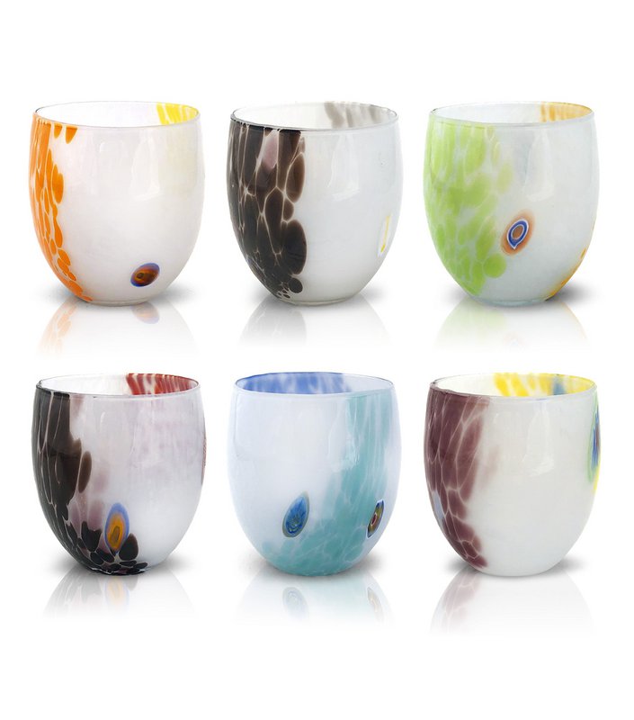 6 Glass Light Water Glass Water and Hand -Handed With Murrine Di Murano, "I Colori di Murano" line 320 ml. Made in Italy
