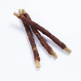 Duck chew sticks, brown dried meat treats, natural pet food, long stick shape, rawhide alternative