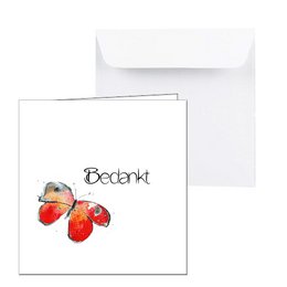 A thank you card featuring a whimsical illustration of a butterfly with the German word "Bedankt" (meaning "Thank you") written on it.