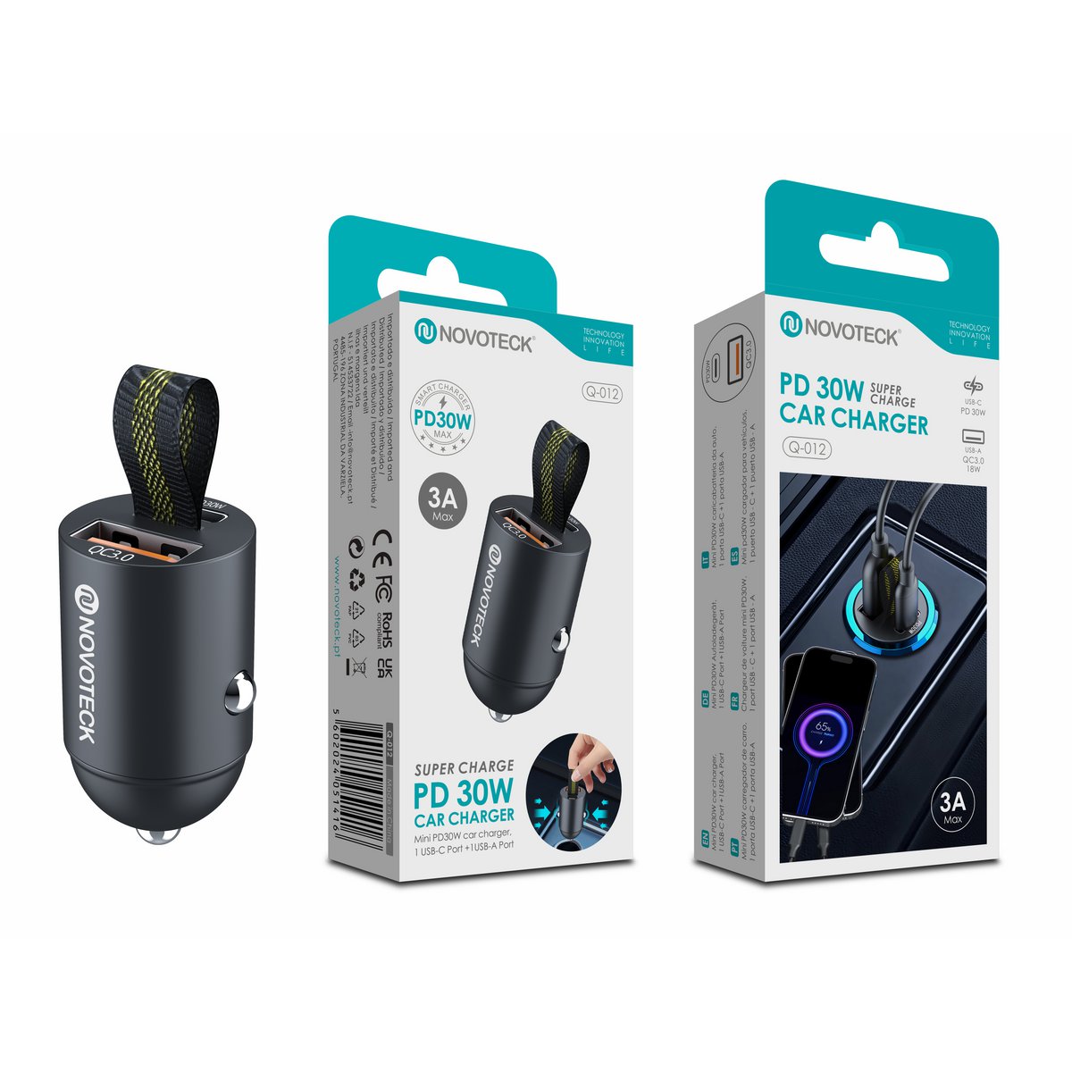 Cargador de coche de doble puerto USB-C y USB-A de 30 W – NOVOTECK Q-012