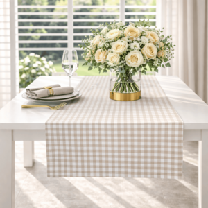 Beiger Gingham-Karo-Tischläufer – 50 × 220 cm