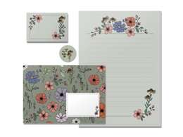 Floral stationery set with colorful flowers, leaves, and nature-inspired designs. Suitable for correspondence, notes, and creative projects.