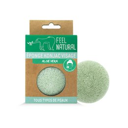 A natural konjac sponge with aloe vera, suitable for facial cleansing and exfoliation. The sponge is round in shape and green in color.