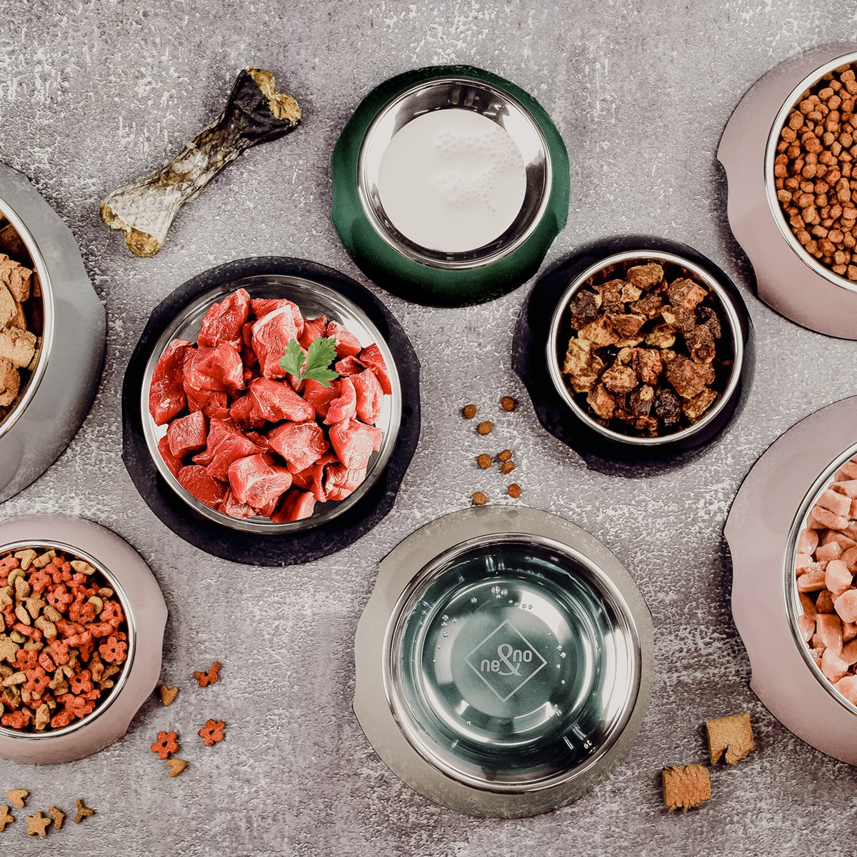 NE & NO® Food Bowl - 2 Set - voor honden en katten - Grijs [Grootte. S / M / L / XL]
