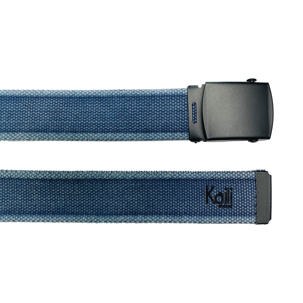 K4010DB | Stone Washed Canvas Ribbon Belt Col. Blue with Matt Black Buckle. Dimensions: 125 x 4 x 0.5 cm One size - Can be shortened. Packaging: Rigid bottom/lid gift box