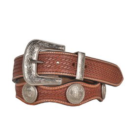 Rustic brown leather belt with hand-tooled design and silver-tone hardware. Available in sizes M, L, and XL.