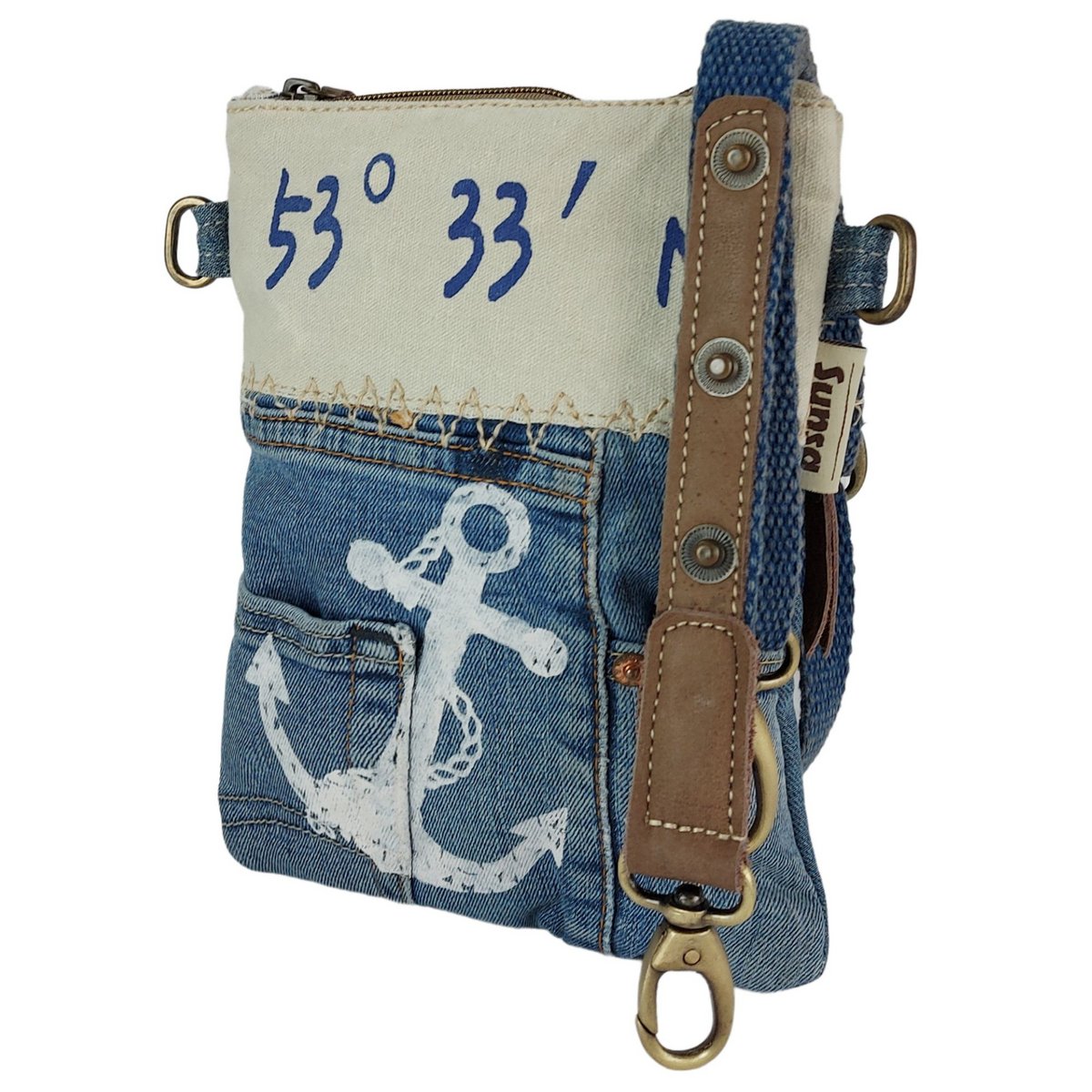 Sunsa Damen Umhängetasche. Schultertasche aus Upcycling Jeans und Canvas (Segeltuch). Handtasche Vintage Retro-Stil. Crossbody Tasche für Frauen mit Anker Maritimmotiv