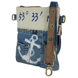 Sunsa Damen Umhängetasche. Schultertasche aus Upcycling Jeans und Canvas (Segeltuch). Handtasche Vintage Retro-Stil. Crossbody Tasche für Frauen mit Anker Maritimmotiv