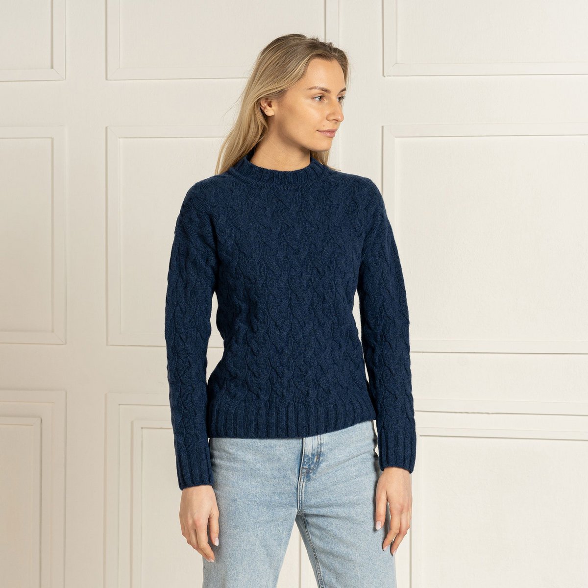 Kabeltrui voor dames, 100% Merino, Praag, donkerblauw