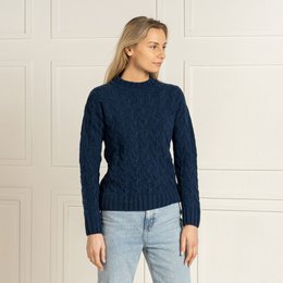 Damski sweter warkoczowy, wykonany w 100% z merynosów, Praga, ciemnoniebieski