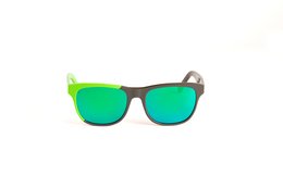 Stylish sunglasses with a modern, rectangular frame in a dark color and bright green temples. The lenses have a vibrant blue-green mirrored finish, providing both fashion and function.