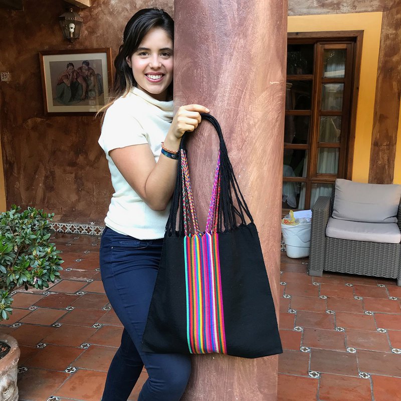 Shopping bag Boho Palmira hand -woven altrosa black