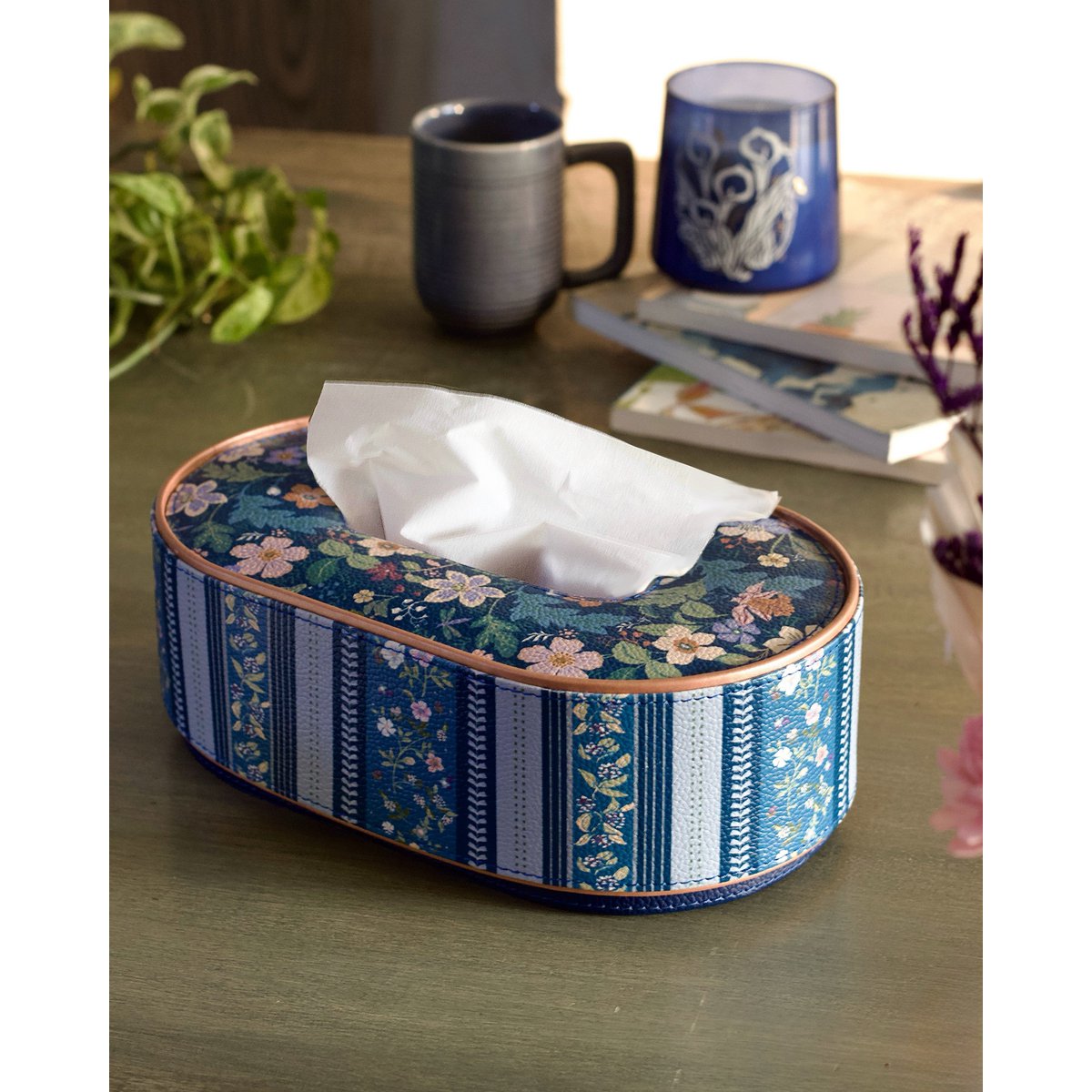 Vegan Leather Oval Tissue Box - Floral-Patterned Top