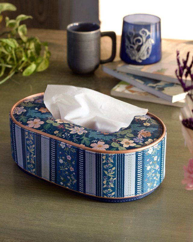 Vegan Leather Oval Tissue Box - Floral-Patterned Top