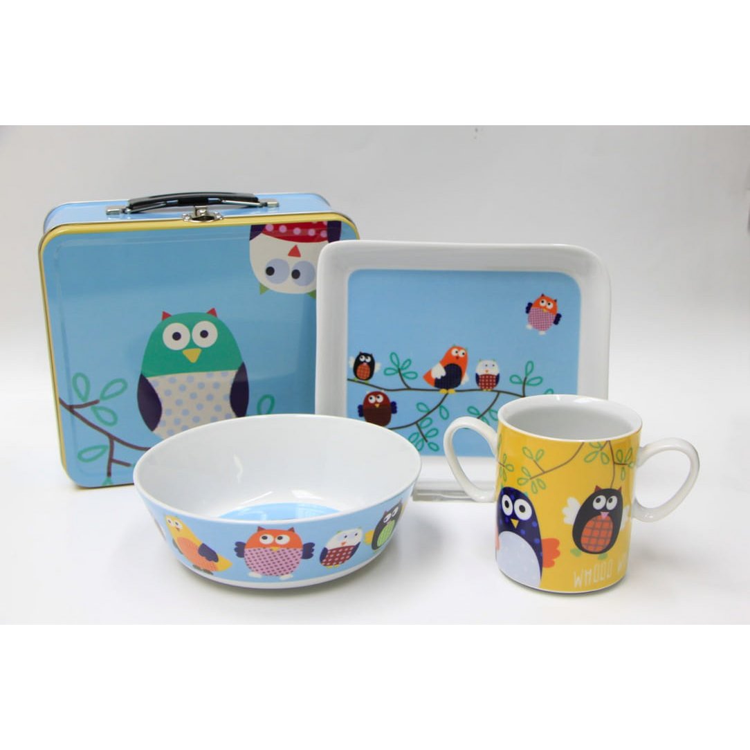 Hiboux, service de table pour enfants, vaisselle 4pcs avec valise, porcelaine