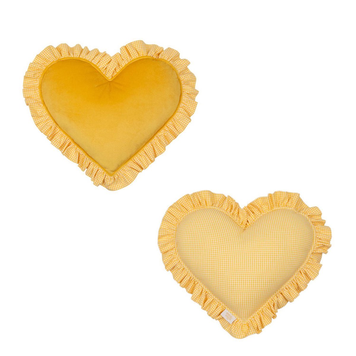 Cojín de corazón de doble cara con volante, cuadros amarillo mantequilla