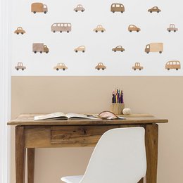 'Wall stickers featuring a variety of cars and trucks in shades of blue, brown, yellow, and green. Suitable for decorating a kids room or nursery.'
The wall stickers feature a variety of cars and trucks in different colors including blue, brown, yellow, and green. The shapes and styles of the vehicles include sedans, vans, and trucks, making this a versatile set for decorating a kids room or nursery. The stickers can be used to create a fun, playful design that will appeal to young children interested in vehicles.