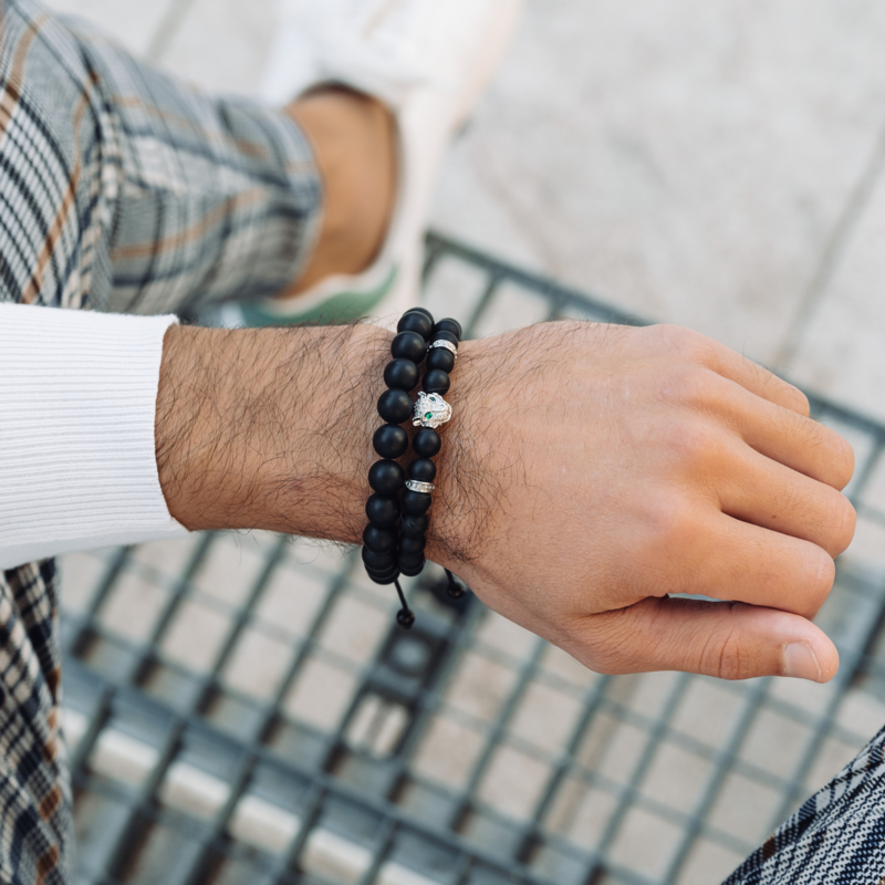 Pulsera de hombre de ÓNIX NEGRO con cabeza de LEOPARDO plateada