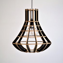 A modern, semi-black pendant light with a geometric, lattice-like design. The light features a cylindrical shape with intersecting wooden beams that create a striking visual effect.