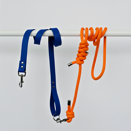 Multi-position dog leash, navy blue and orange, Biothane and boat rope materials, adjustable length, durable pet accessory.