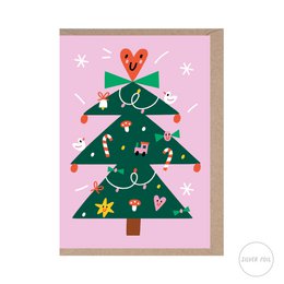  Festive Christmas tree card with colorful decorations and a smiling star topper. Suitable for holiday greetings, invitations, or gift tags.