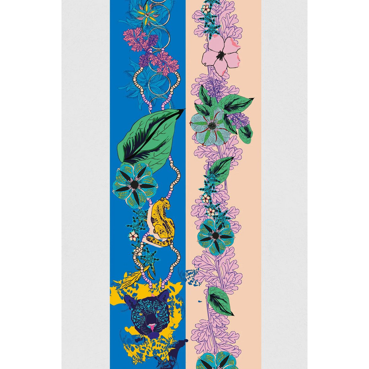 Virginieriou - phone shoulder "La Panthera" - 100% Recycled polyester Twill - Turquoise/Beige, Leopard, Fleuri - 128 cm x 5 cm