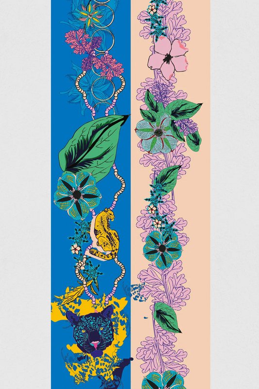 Virginieriou - Spalla del telefono "La Panthera" - Twill in poliestere riciclato al 100% - turchese/beige, leopardo, Fleuri - 128 cm x 5 cm