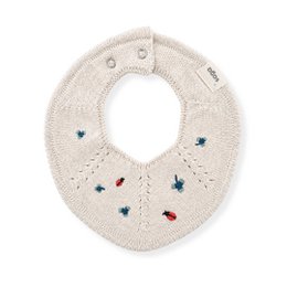  Cream knitted bib with embroidered ladybugs and flowers, soft cotton material, round shape, baby accessory