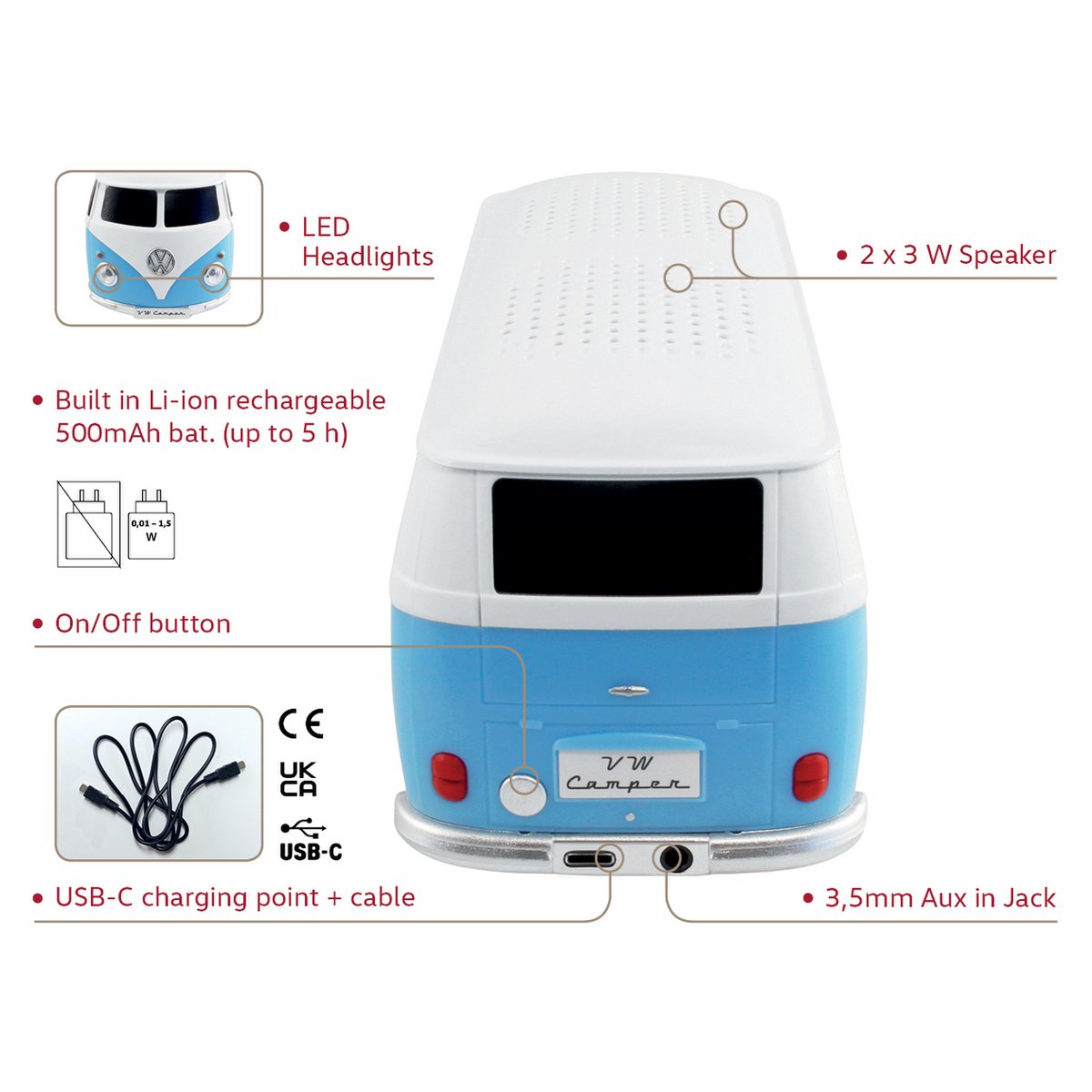 Volkswagen VW T1 Bus Bluetooth Speaker in Geschenkdoos - Blauw