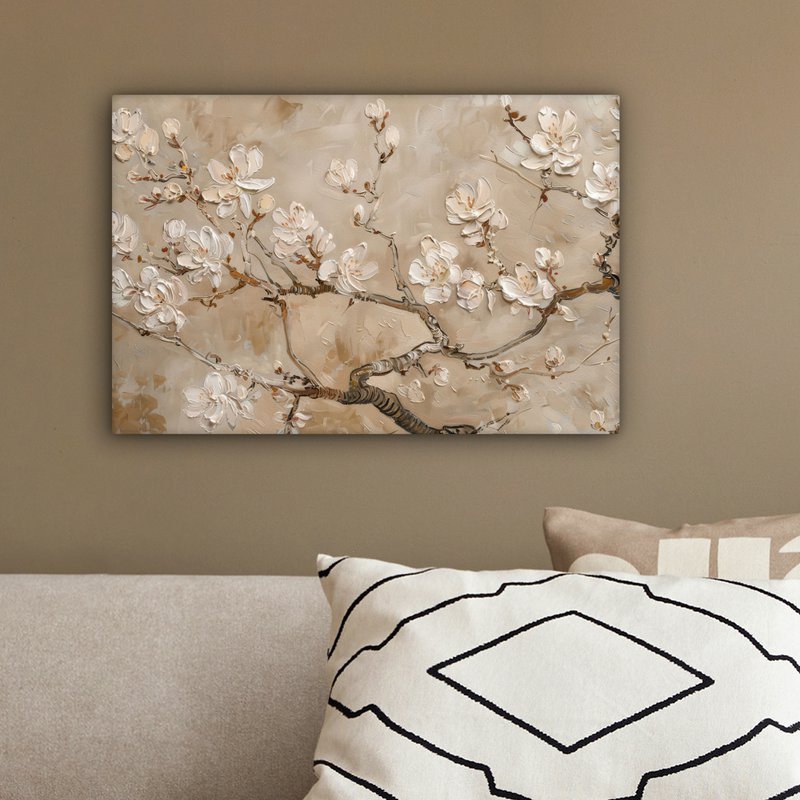 Lærredsmaleri - vægdekoration - blomster - lyserød - moderne - beige