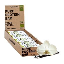 Organic vegan vanilla protein bar, made without soy, for a healthy snack.