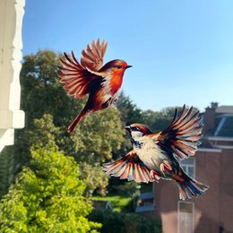 6 double-sided window stickers featuring colorful, stylized bird designs. The stickers depict various bird species in flight, showcasing their vibrant plumage and dynamic poses. These decorative window stickers can be used to add a touch of nature and whimsy to any indoor or outdoor space.