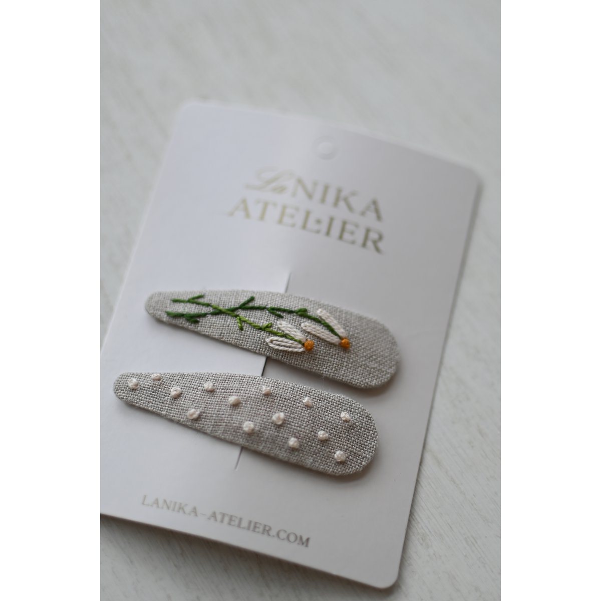 Barrettes fleur de lin naturel+pois